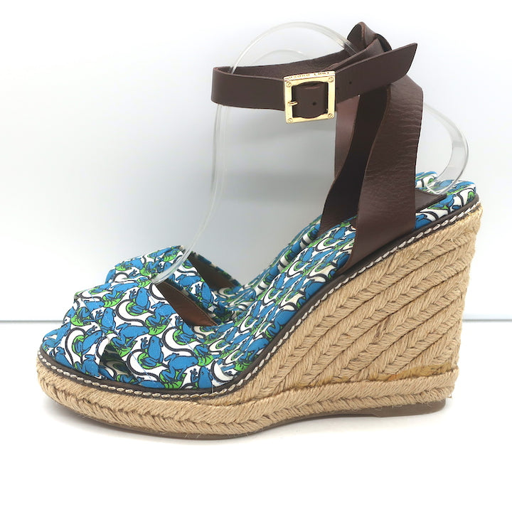 Tory Burch Frog Print Canvas Platform Espadrille Wedge Sandals Size 10