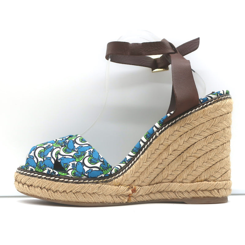 Tory Burch Frog Print Canvas Platform Espadrille Wedge Sandals Size 10