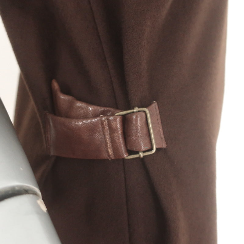 Peter Cohen Leather-Sleeve Cashmere Belted-Side Dress Brown Size Small NEW