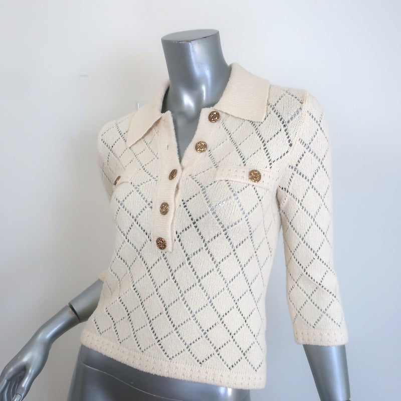 Zimmermann Matchmaker Pointelle Knit Polo Top Ivory Cotton-Blend Size 0P