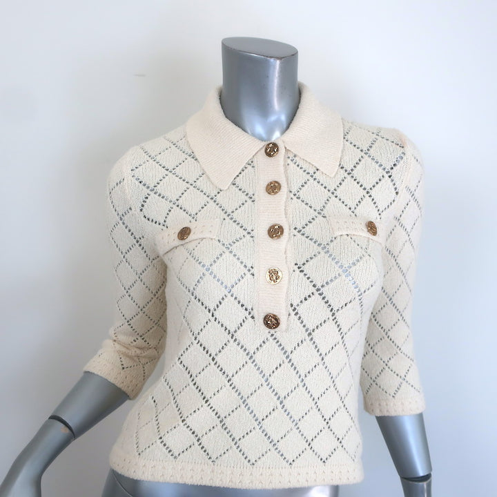 Zimmermann Matchmaker Pointelle Knit Polo Top Ivory Cotton-Blend Size 0P