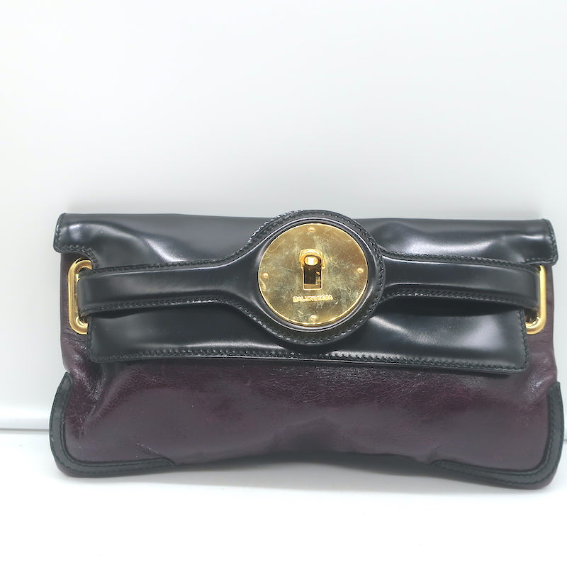 Balenciaga Lune Clutch Dark Purple &amp; Black Leather