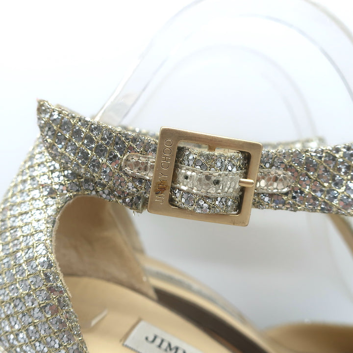 Jimmy Choo Totem T-Strap Platform Sandals Champagne Glitter Lame Size 37.5