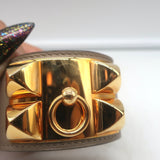 Hermes Collier de Chien PM Cuff Bracelet Taupe Leather Rose Gold Hardware