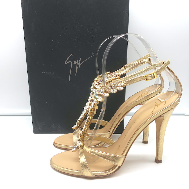 Dusør biologi taske Giuseppe Zanotti Crystal-Embellished Sandals Gold Metallic Leather Siz –  Celebrity Owned