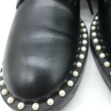 Stuart Weitzman Sondra Pearl-Trimmed Flat Combat Boots Black Leather Size 9