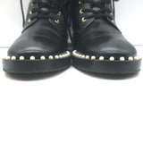 Stuart Weitzman Sondra Pearl-Trimmed Flat Combat Boots Black Leather Size 9