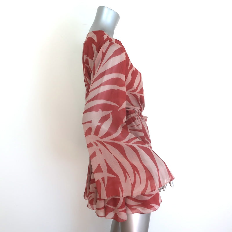 MISA Kaia Mini Wrap Dress Beige/Rust Palm Frond Print Chiffon Size Small NEW
