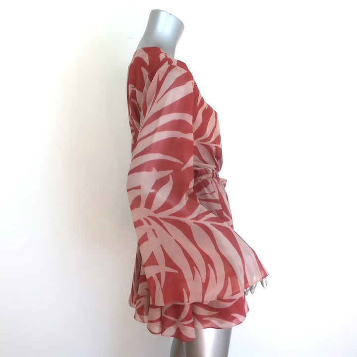 MISA Kaia Mini Wrap Dress Beige/Rust Palm Frond Print Chiffon Size Small NEW
