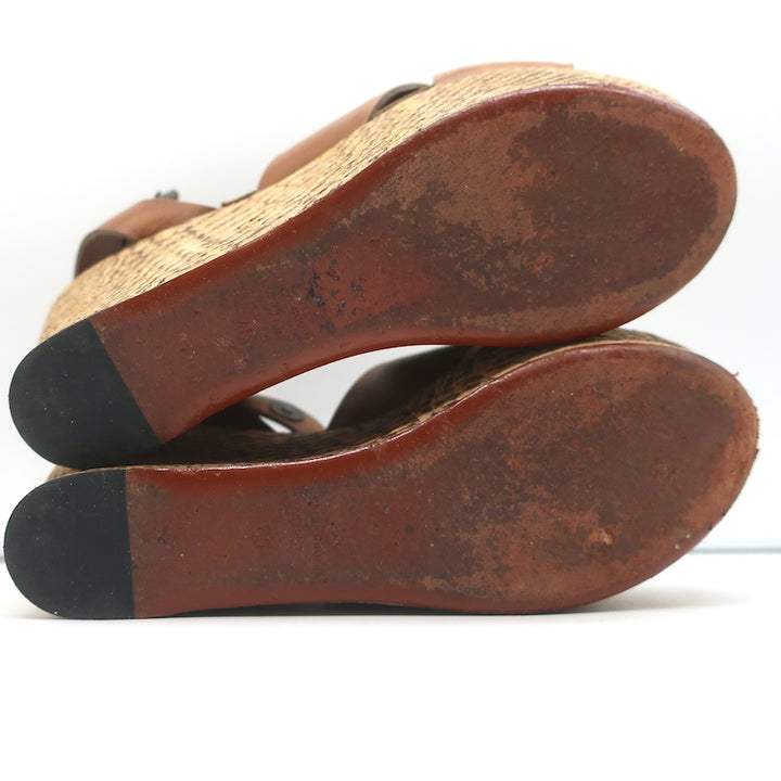 Lanvin Snake-Embossed Cork Platform Wedge Sandals Brown Leather Size 40