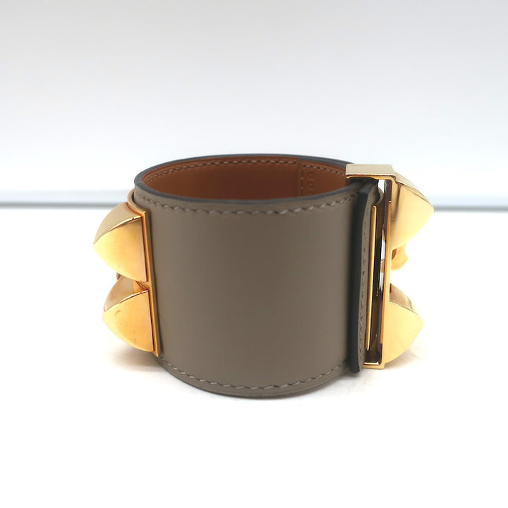 Hermes Collier de Chien PM Cuff Bracelet Taupe Leather Rose Gold Hardware