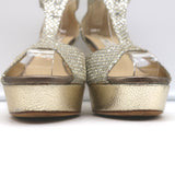 Jimmy Choo Totem T-Strap Platform Sandals Champagne Glitter Lame Size 37.5