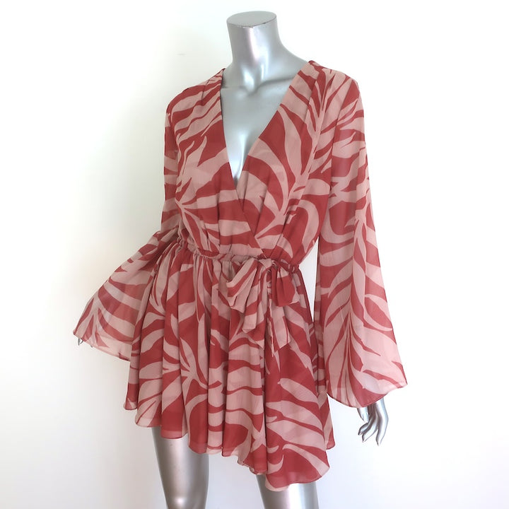 MISA Kaia Mini Wrap Dress Beige/Rust Palm Frond Print Chiffon Size Small NEW