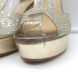 Jimmy Choo Totem T-Strap Platform Sandals Champagne Glitter Lame Size 37.5