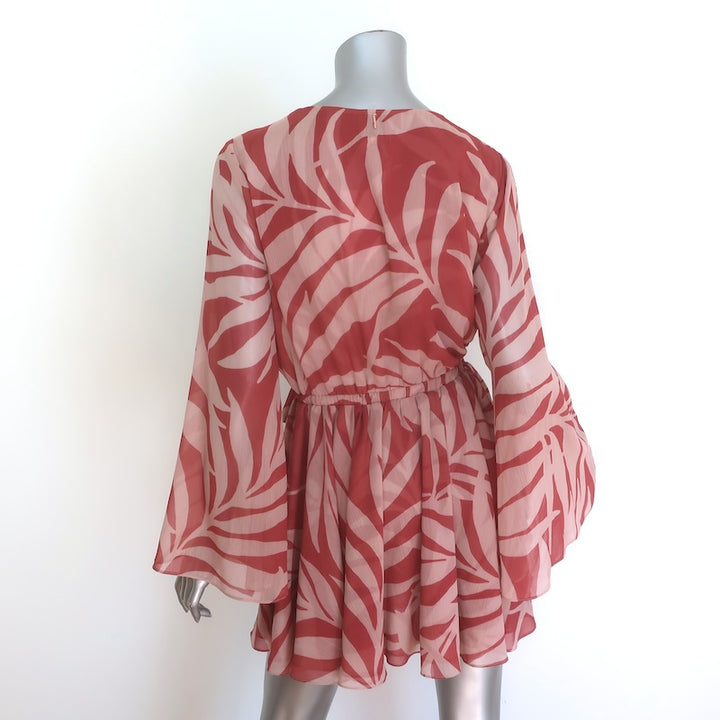 MISA Kaia Mini Wrap Dress Beige/Rust Palm Frond Print Chiffon Size Small NEW