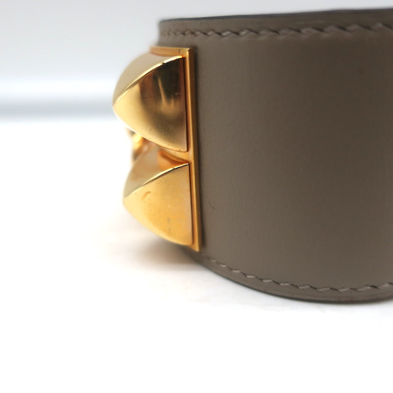 Hermes Collier de Chien PM Cuff Bracelet Taupe Leather Rose Gold Hardware