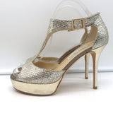 Jimmy Choo Totem T-Strap Platform Sandals Champagne Glitter Lame Size 37.5