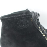 Chanel 18A CC Lace-Up Cap Toe Ankle Boots Black Suede & Patent Leather Size 39
