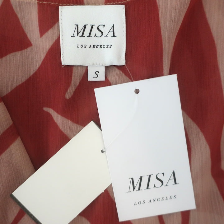 MISA Kaia Mini Wrap Dress Beige/Rust Palm Frond Print Chiffon Size Small NEW