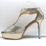 Jimmy Choo Totem T-Strap Platform Sandals Champagne Glitter Lame Size 37.5