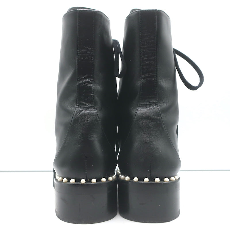 Stuart Weitzman Sondra Pearl-Trimmed Flat Combat Boots Black Leather Size 9