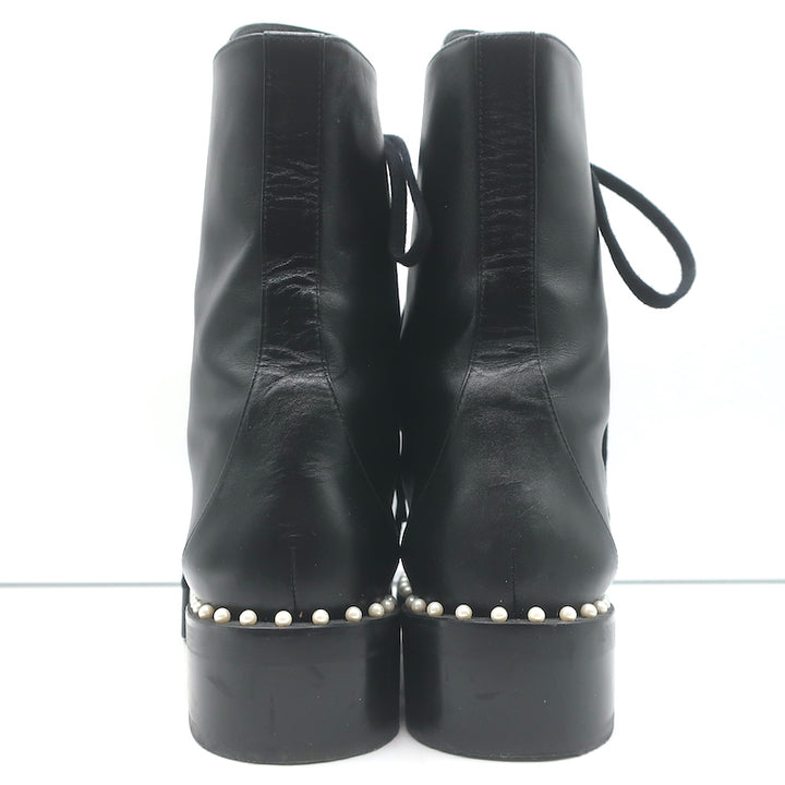 Stuart Weitzman Sondra Pearl-Trimmed Flat Combat Boots Black Leather Size 9