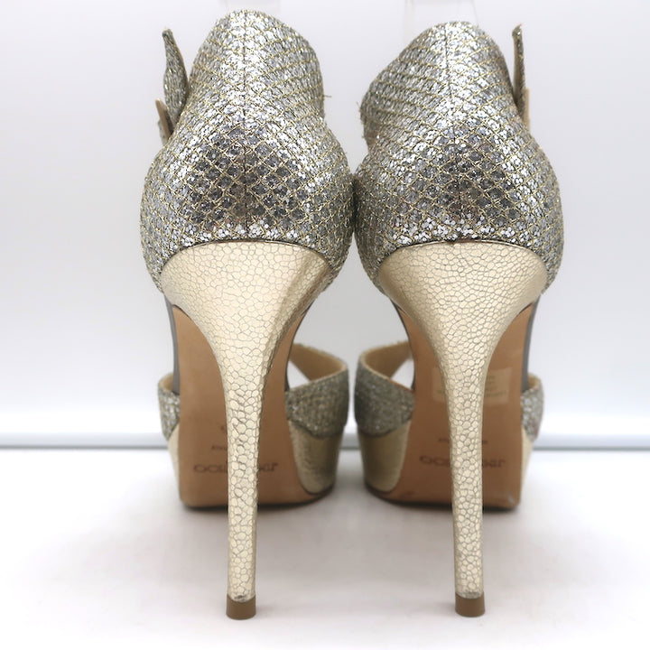 Jimmy Choo Totem T-Strap Platform Sandals Champagne Glitter Lame Size 37.5