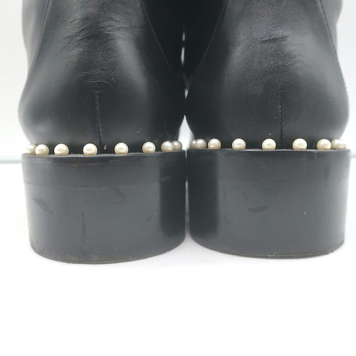 Stuart Weitzman Sondra Pearl-Trimmed Flat Combat Boots Black Leather Size 9