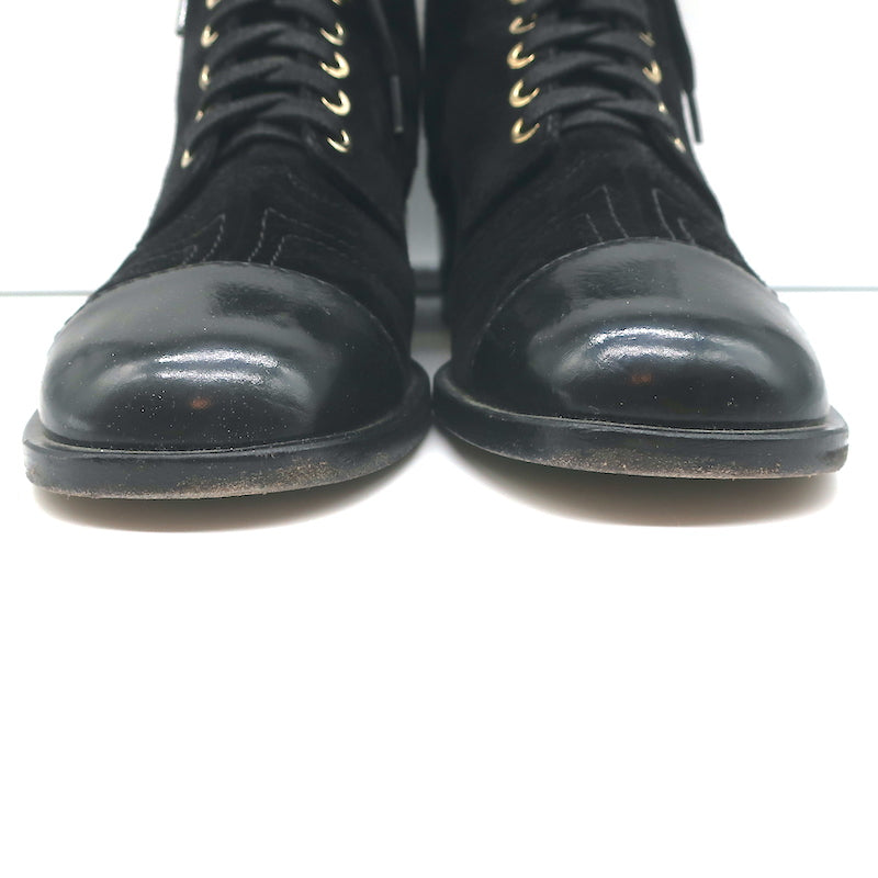 Chanel 18A CC Lace-Up Cap Toe Ankle Boots Black Suede &amp; Patent Leather Size 39
