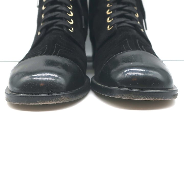 Chanel 18A CC Lace-Up Cap Toe Ankle Boots Black Suede &amp; Patent Leather Size 39