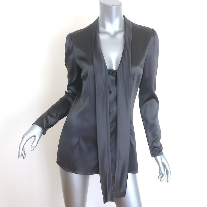 Dolce &amp; Gabbana Tie-Neck Satin Blouse Gray Stretch Silk Size 42 Button-Down Top