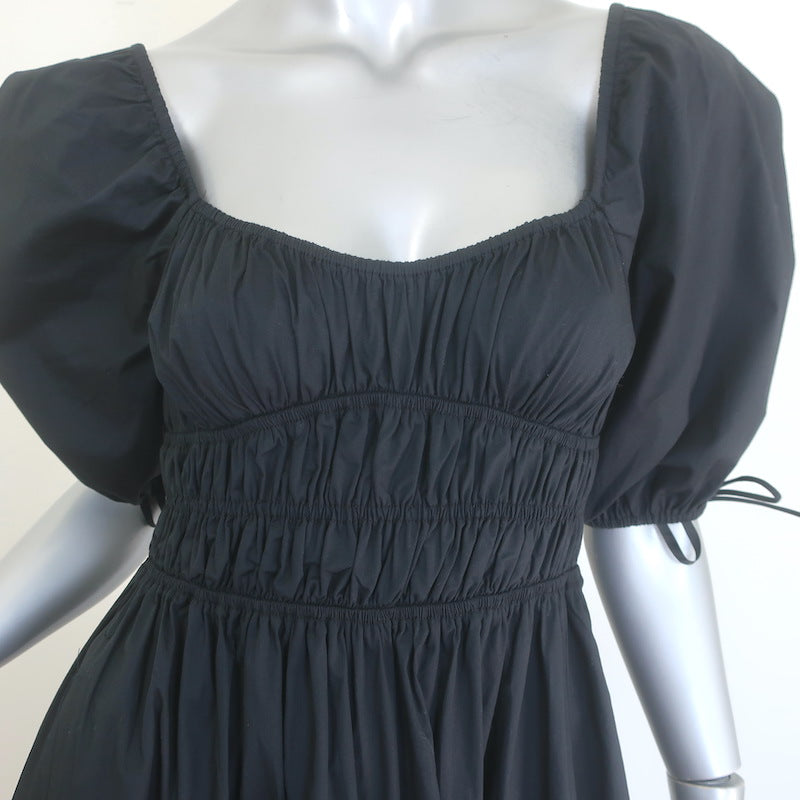 STAUD Faye Puff Sleeve Smocked Maxi Dress Black Stretch Cotton Size Extra Small
