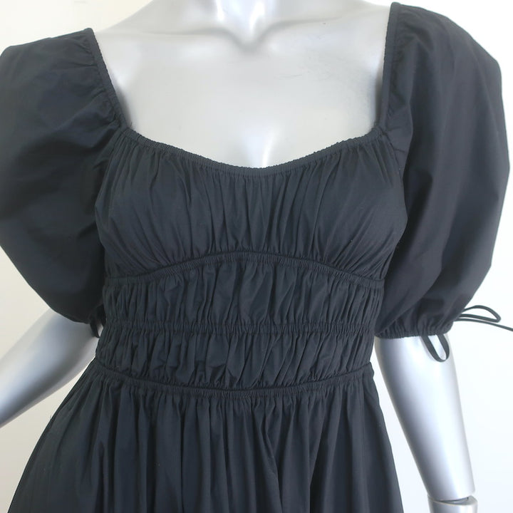STAUD Faye Puff Sleeve Smocked Maxi Dress Black Stretch Cotton Size Extra Small