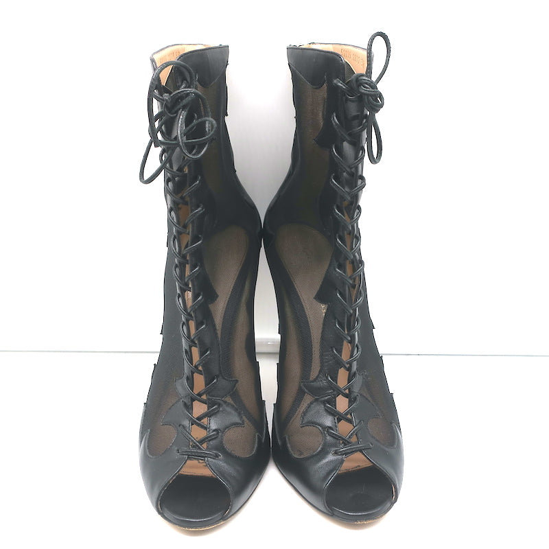 Gianvito Rossi Peep Toe Lace-Up Boots Black Leather &amp; Mesh Size 38