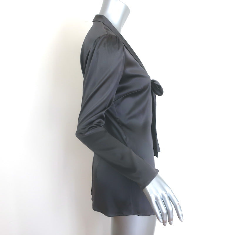 Dolce &amp; Gabbana Tie-Neck Satin Blouse Gray Stretch Silk Size 42 Button-Down Top