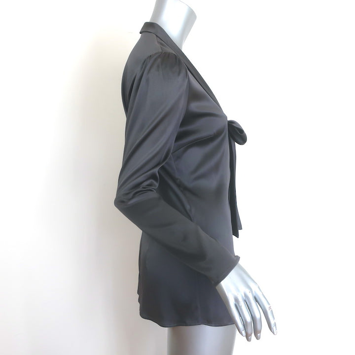 Dolce &amp; Gabbana Tie-Neck Satin Blouse Gray Stretch Silk Size 42 Button-Down Top