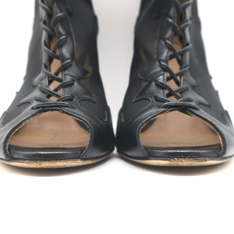 Gianvito Rossi Peep Toe Lace-Up Boots Black Leather &amp; Mesh Size 38
