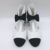 Chanel Bicolor Cap Toe T-Strap Bow Pumps White Leather & Black Velvet Size 38C