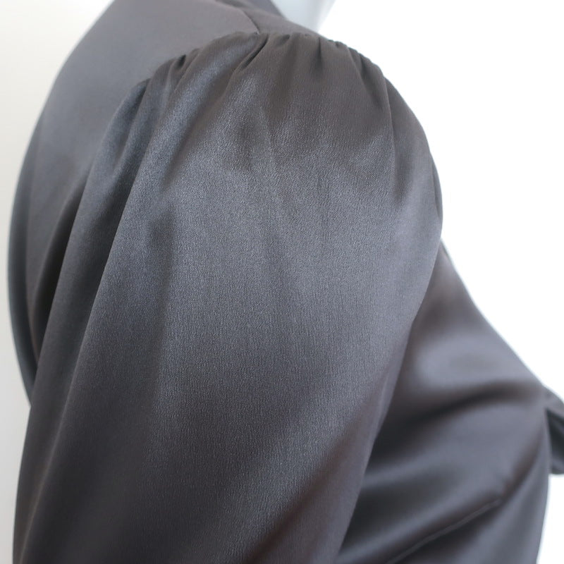 Dolce &amp; Gabbana Tie-Neck Satin Blouse Gray Stretch Silk Size 42 Button-Down Top