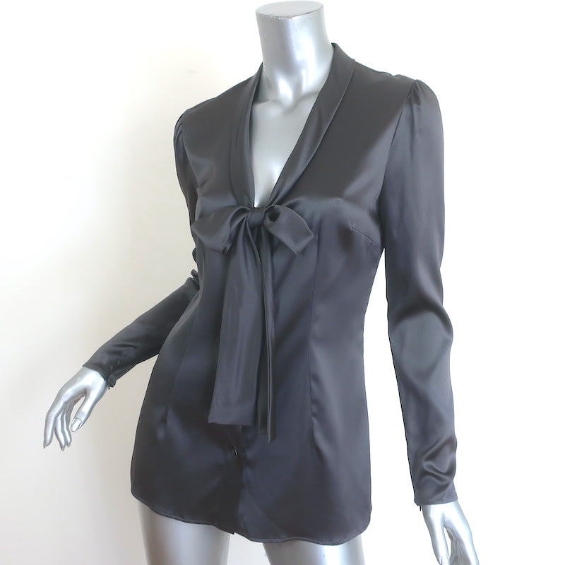 Dolce &amp; Gabbana Tie-Neck Satin Blouse Gray Stretch Silk Size 42 Button-Down Top