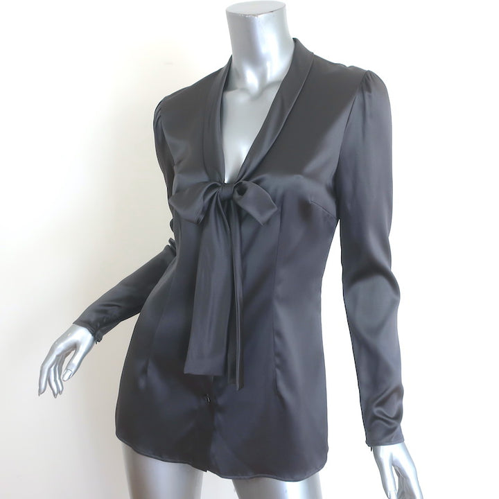Dolce &amp; Gabbana Tie-Neck Satin Blouse Gray Stretch Silk Size 42 Button-Down Top