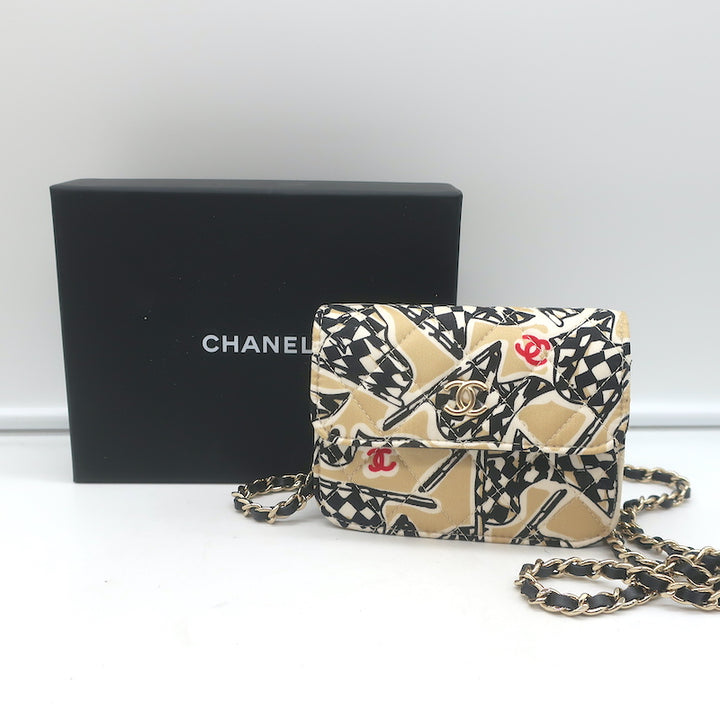 Chanel 23C Checkered Flag Print Mini Crossbody Bag Beige Quilted Fabric NEW