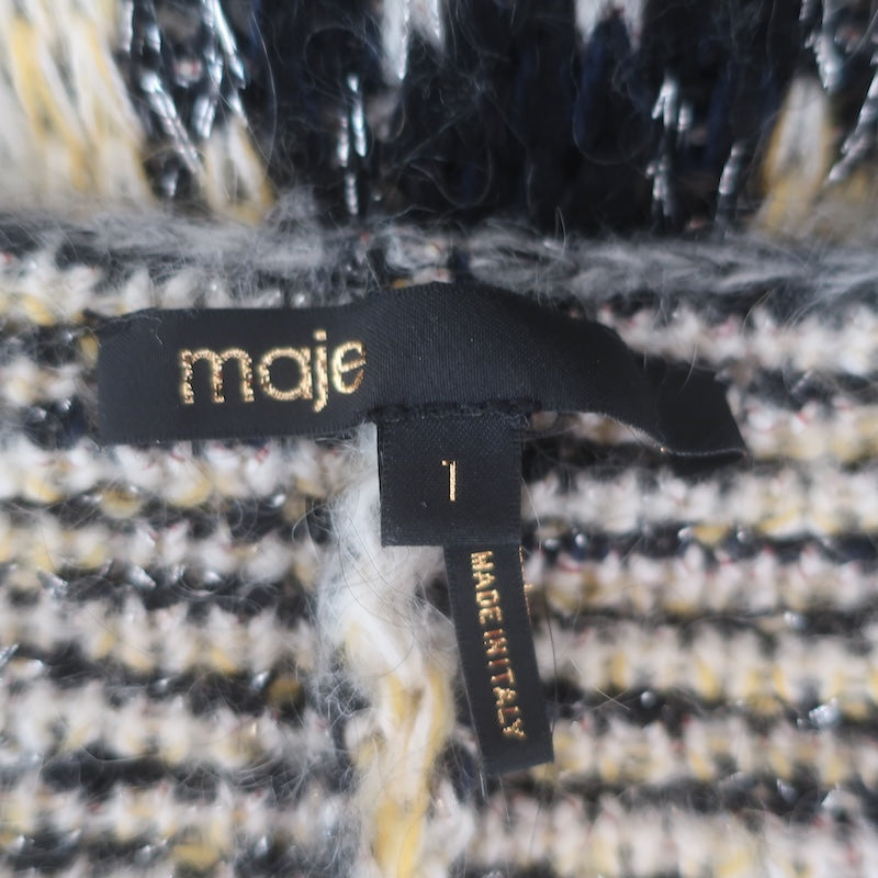 Maje Marion Chevron Jacquard Knit Cardigan Yellow/Black Mohair-Blend Size 1