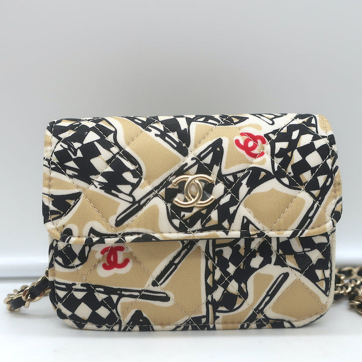 Chanel 23C Checkered Flag Print Mini Crossbody Bag Beige Quilted Fabric NEW