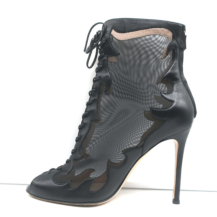Gianvito Rossi Peep Toe Lace-Up Boots Black Leather &amp; Mesh Size 38
