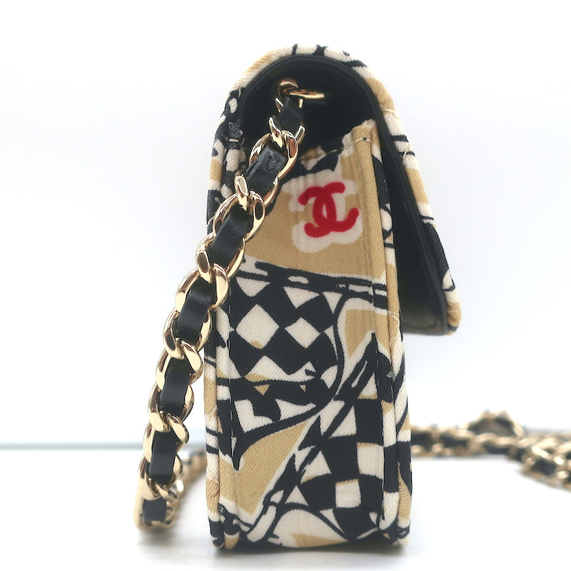 Chanel 23C Checkered Flag Print Mini Crossbody Bag Beige Quilted Fabric NEW