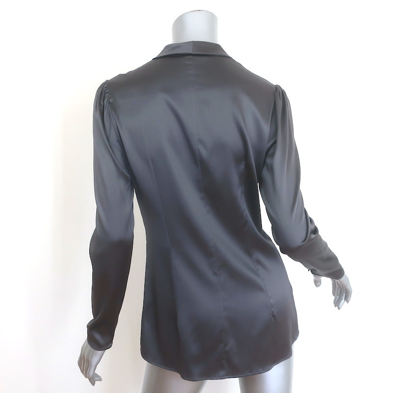 Dolce &amp; Gabbana Tie-Neck Satin Blouse Gray Stretch Silk Size 42 Button-Down Top
