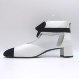 Chanel Bicolor Cap Toe T-Strap Bow Pumps White Leather & Black Velvet Size 38C