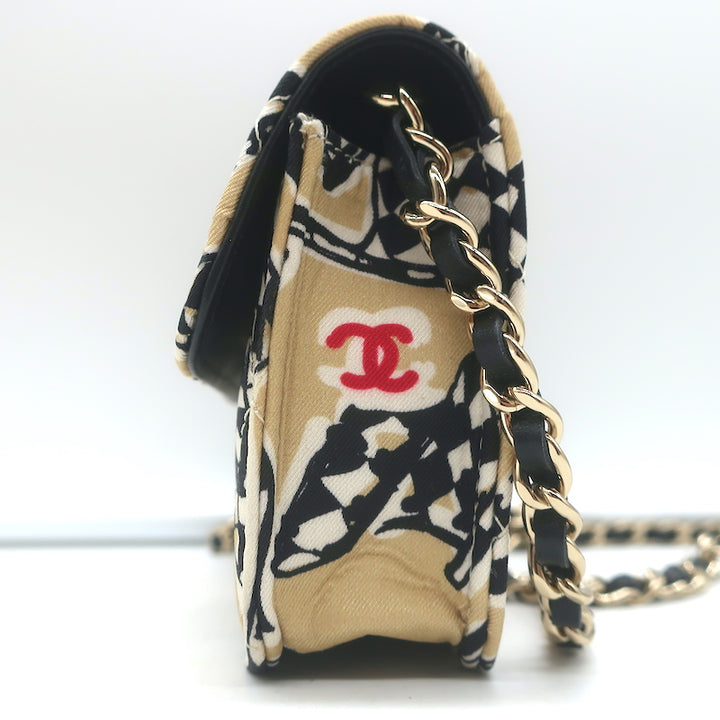 Chanel 23C Checkered Flag Print Mini Crossbody Bag Beige Quilted Fabric NEW