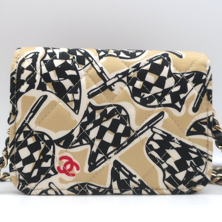 Chanel 23C Checkered Flag Print Mini Crossbody Bag Beige Quilted Fabric NEW